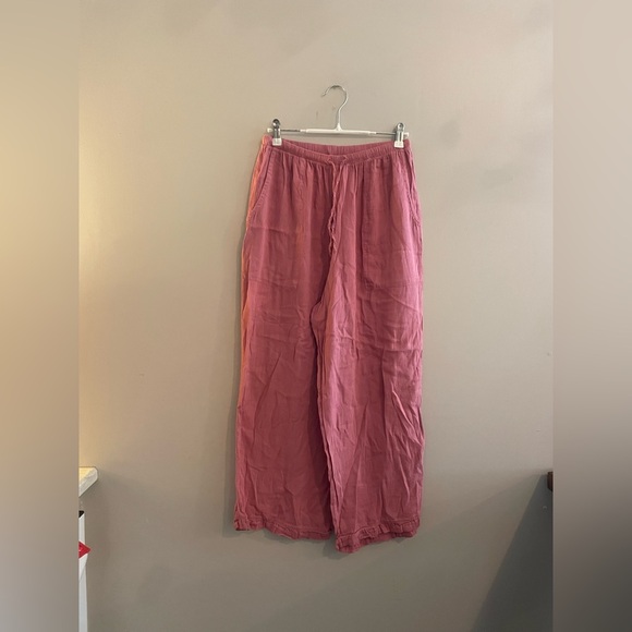 winter sun Pants - Winter Sun Linen Pants Pink Rose with Ruffle Ankle and Drawstring Waist